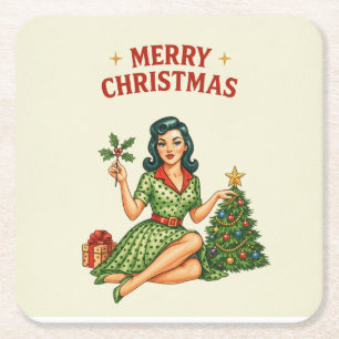 Retro Prettig Kerstmis Pin-Up Papieren Onderzetter