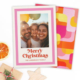 Retro Prettig Kerstmis Roze Regenboog Frame 1 Foto Feestdagenkaart