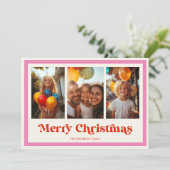 Retro Prettig Kerstmis Roze Regenboog Frame 3 Foto Feestdagenkaart (Staand voorkant)
