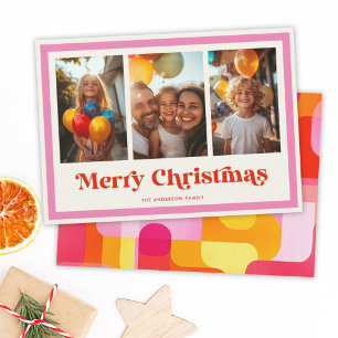 Retro Prettig Kerstmis Roze Regenboog Frame 3 Foto Feestdagenkaart