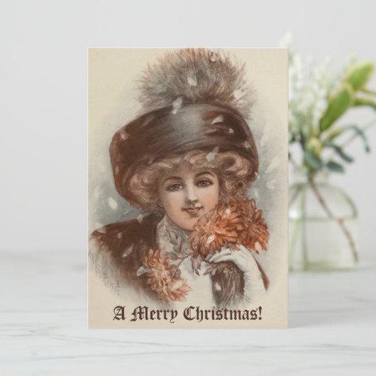 Retro prettige kerstdame feestdagenkaart (Staand voorkant)