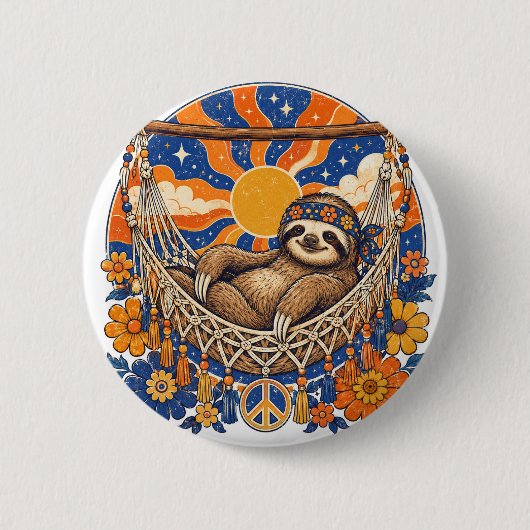 Retro Psych-Pop Luiaard in Hangmat Ronde Button 5,7 Cm (Voorkant)