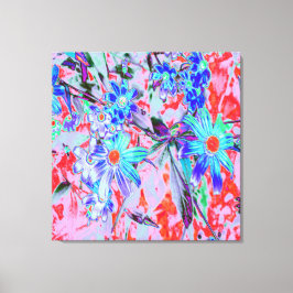 Retro Psychedelic Aqua Green en Oranje Flowers Canvas Afdruk