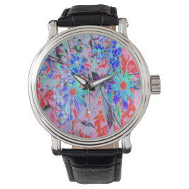 Retro Psychedelic Aqua Green en Oranje Flowers Horloge