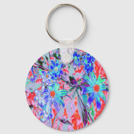 Retro Psychedelic Aqua Green en Oranje Flowers Sleutelhanger
