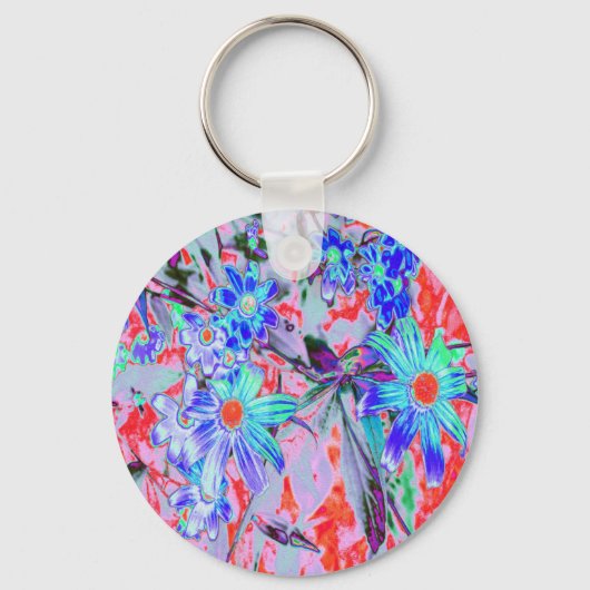 Retro Psychedelic Aqua Green en Oranje Flowers Sleutelhanger (Voorkant)