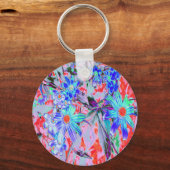 Retro Psychedelic Aqua Green en Oranje Flowers Sleutelhanger (Voorkant)