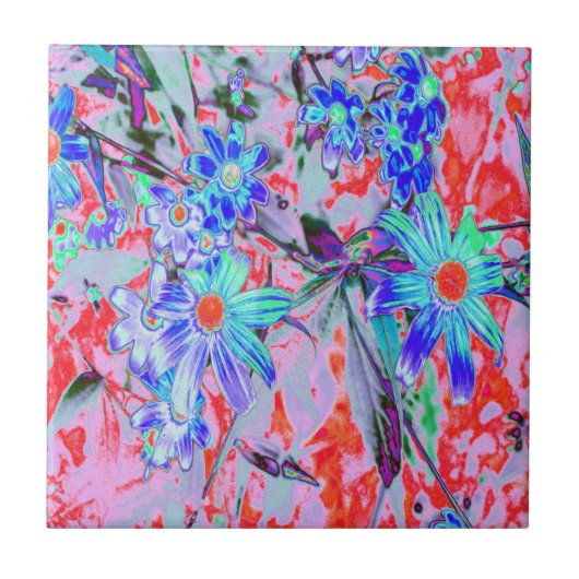 Retro Psychedelic Aqua Green en Oranje Flowers Tegeltje (Voorkant)