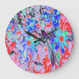 Retro Psychedelic Aqua Green en Sinaasappel Flower Grote Klok