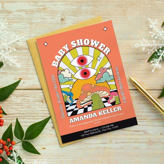 Retro Psychedelic Baby shower Invitation Kaart