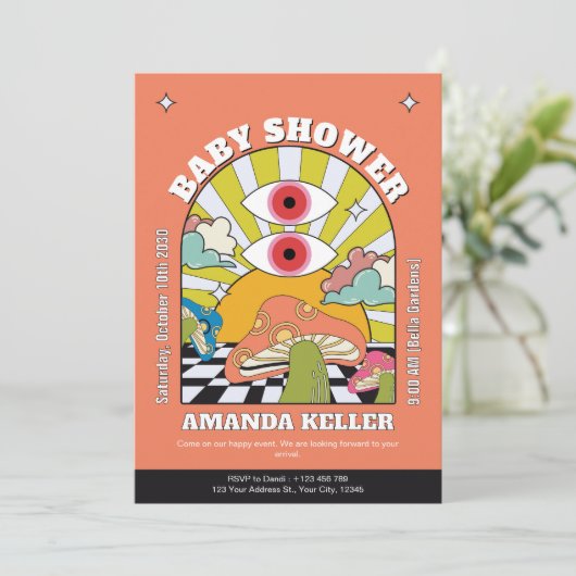 Retro Psychedelic Baby shower Invitation Kaart (Staand voorkant)