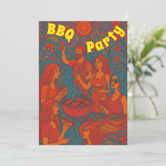 Retro Psychedelic Barbeque Uitnodiging (Staand voorkant)