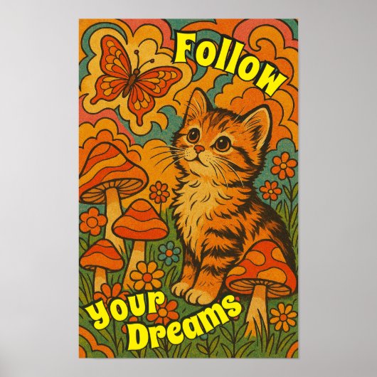 Retro Psychedelic Kitten Kijken Vlinder Poster (Voorkant)