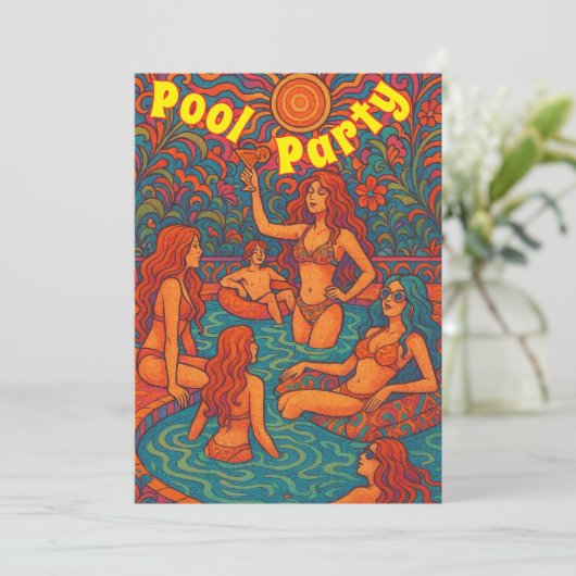 Retro Psychedelic Pool Party Uitnodiging (Staand voorkant)