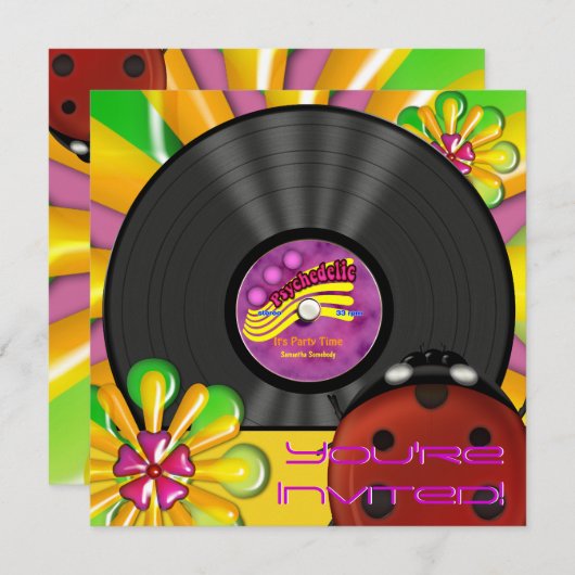 Retro Psychedelic Vinyl Record Party Uitnodigingen (Voorkant / Achterkant)