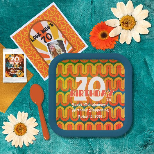 Retro Psychedelic Wave 70e verjaardag Papieren Bordje