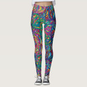 Retro psychedelische abstracte neon krabbelpatroon leggings (Voorkant)