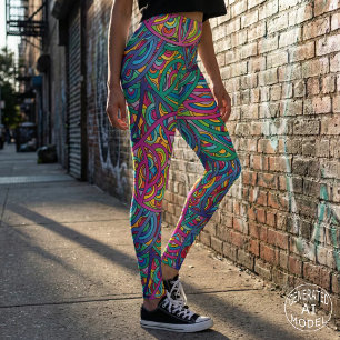 Retro psychedelische abstracte neon krabbelpatroon leggings