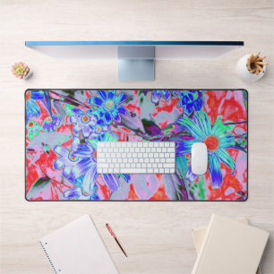 Retro Psychedelische Aqua en Oranje Bloemen Bureaumat