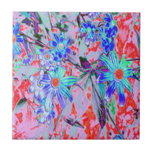 Retro Psychedelische Aqua Groene en Oranje Bloemen Tegeltje