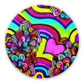 Retro Psychedelische Bloemen Hart Kleurrijk Keramische Knop (Voorkant)