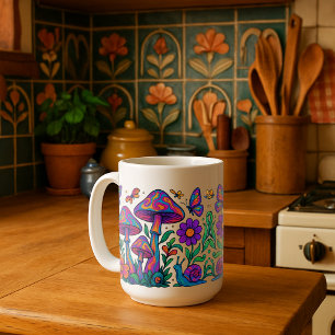 Retro Psychedelische Bloemen & Paddestoelen Mok