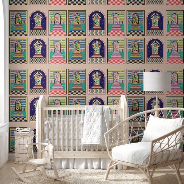Retro Psychedelische Kleurrijke Hemelse Kunst Behang (Kinderen)