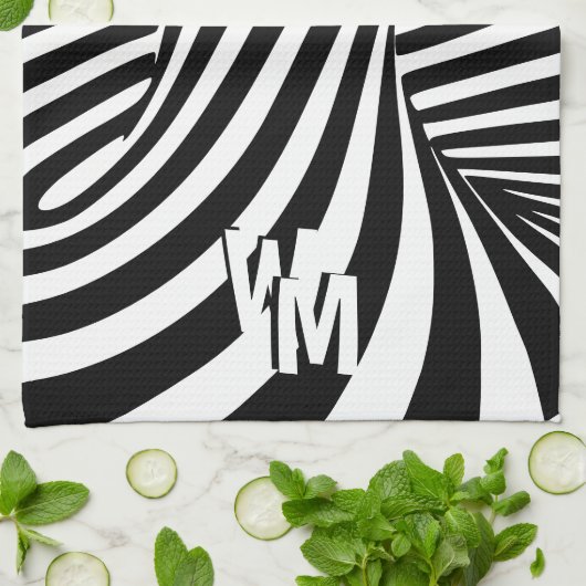 Retro Psychedelische Zwart Wit Patroon Initialen Theedoek (Gevouwen)