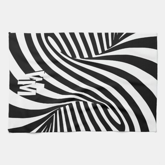 Retro Psychedelische Zwart Wit Patroon Initialen Theedoek (Horizontaal)