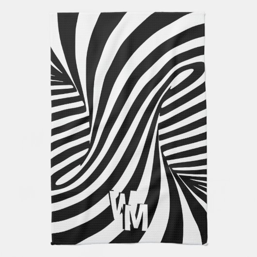 Retro Psychedelische Zwart Wit Patroon Initialen Theedoek (Verticaal)