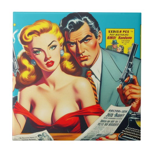 Retro Pulp Paar Illustratie Tegeltje (Voorkant)