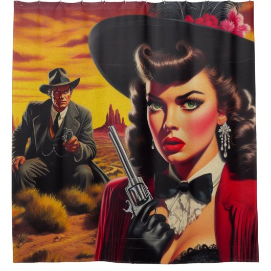Retro Pulp Western Meisje Douchegordijn (Voorkant)