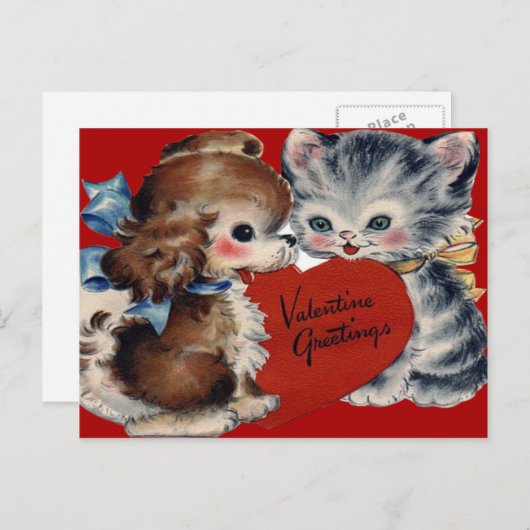 Retro Puppy & Kitten Valentijn Kaart (Voorkant / Achterkant)