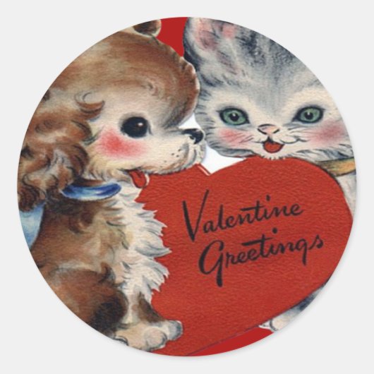  Retro Puppy & Kitten Valentijn Kaart Ronde Sticker (Voorkant)