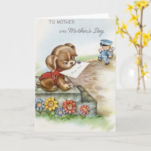 Retro Puppy Moederdag Card Kaart (Gele Bloem)