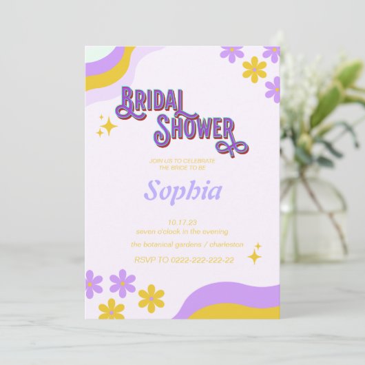 retro purpel 70S floral VRIJGEZELLENFEEST Kaart (Staand voorkant)