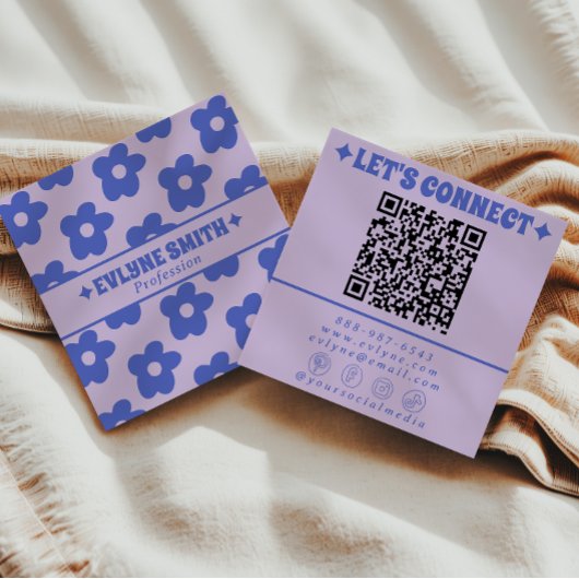 Retro Purple Blue QR Code Groovy Floral Trendy Fun Vierkante Visitekaartje