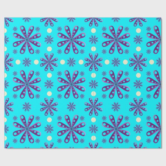 Retro Purple Flowers on Blue Background Cadeaupapier (Vlak)