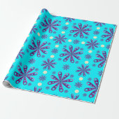 Retro Purple Flowers on Blue Background Cadeaupapier (Uitgerold)
