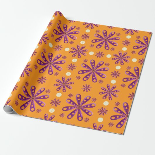Retro Purple Flowers on Orange Background Cadeaupapier (Uitgerold)