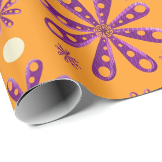Retro Purple Flowers on Orange Background Cadeaupapier (Rol Hoek)