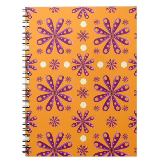 Retro Purple Flowers on Orange Background Notitieboek (Voorkant)