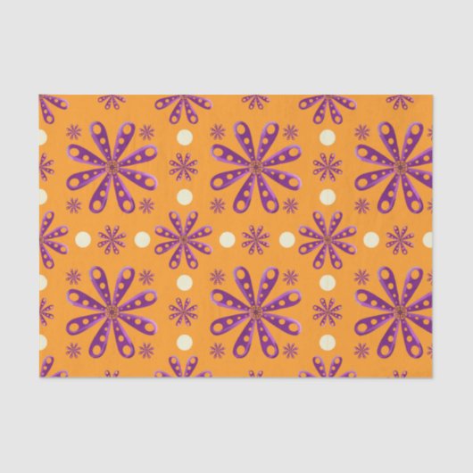 Retro Purple Flowers on Orange Background Tissuepapier (Voorkant)