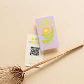 Retro Purple Green QR Code Groovy Trendy Floral Visitekaartje