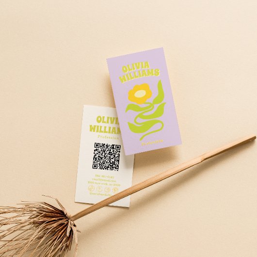 Retro Purple Green QR Code Groovy Trendy Floral Visitekaartje