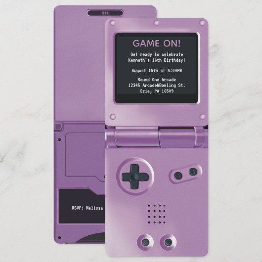 Retro Purple Handheld Gaming Birthday Invitation Kaart (Voorkant / Achterkant)