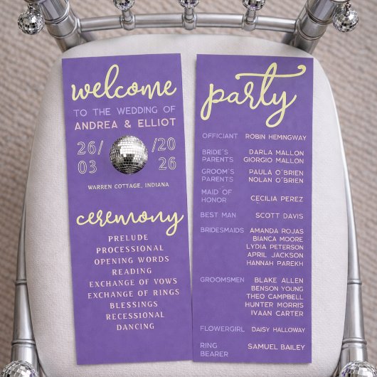Retro Purple Spring Disco Wedding Ceremony Program Programmakaart