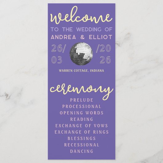 Retro Purple Spring Disco Wedding Ceremony Program Programmakaart (Voorkant)