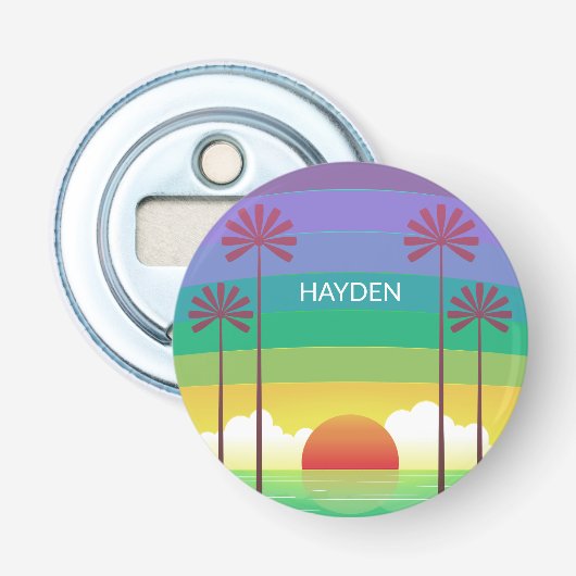 Retro Purple Sunset Palm Trees Art Personalised Button Flesopener (Voorkant)