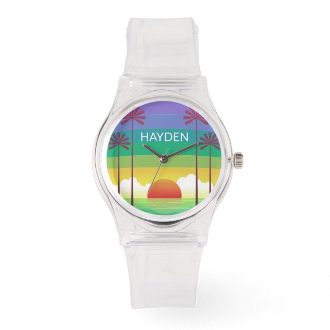 Retro Purple Sunset Palm Trees Art Personalised Horloge (Voorkant)